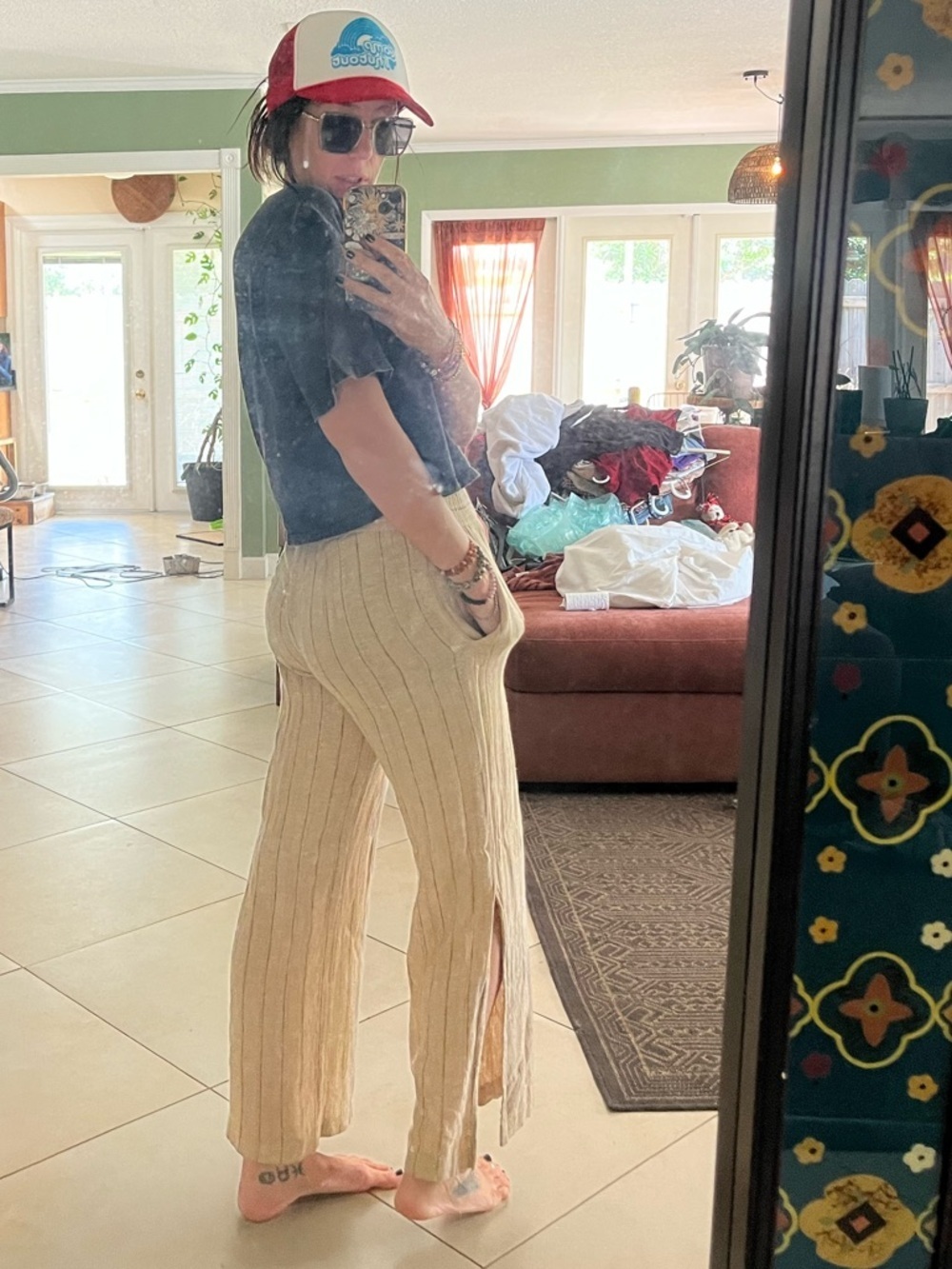 DREW Neutral Beige Pinstripe Linen-Blend Pants Size small